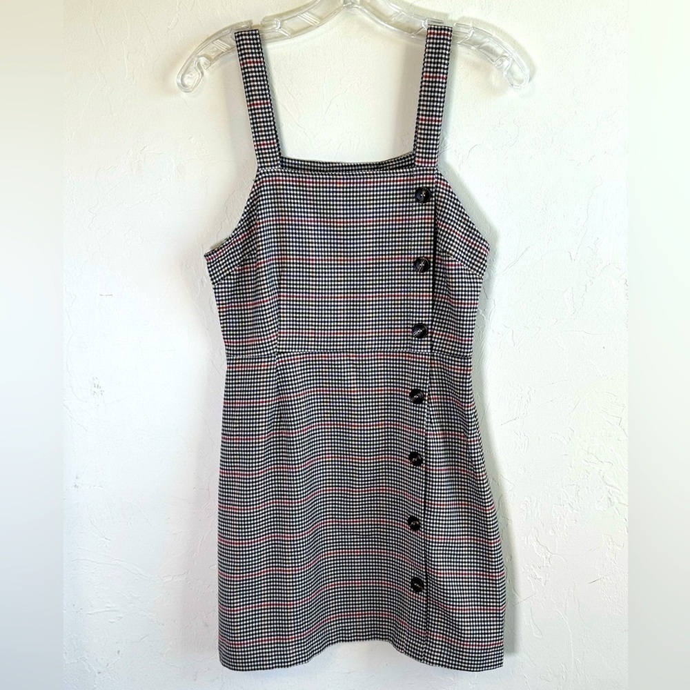 Brown and Red Plaid Y2K Jumper Mini Dress with Button on Front & Side Zip Sz S